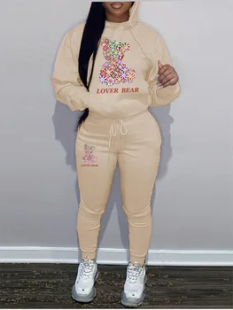 ผู้หญิงHoodiesชุดกางเกงชุด 2 ชิ้น 2025 ใหม่พิมพ์หมีสุนทรียศาสตร์เสื้อกันหนาวและSweatpantsสตรีTracksuit