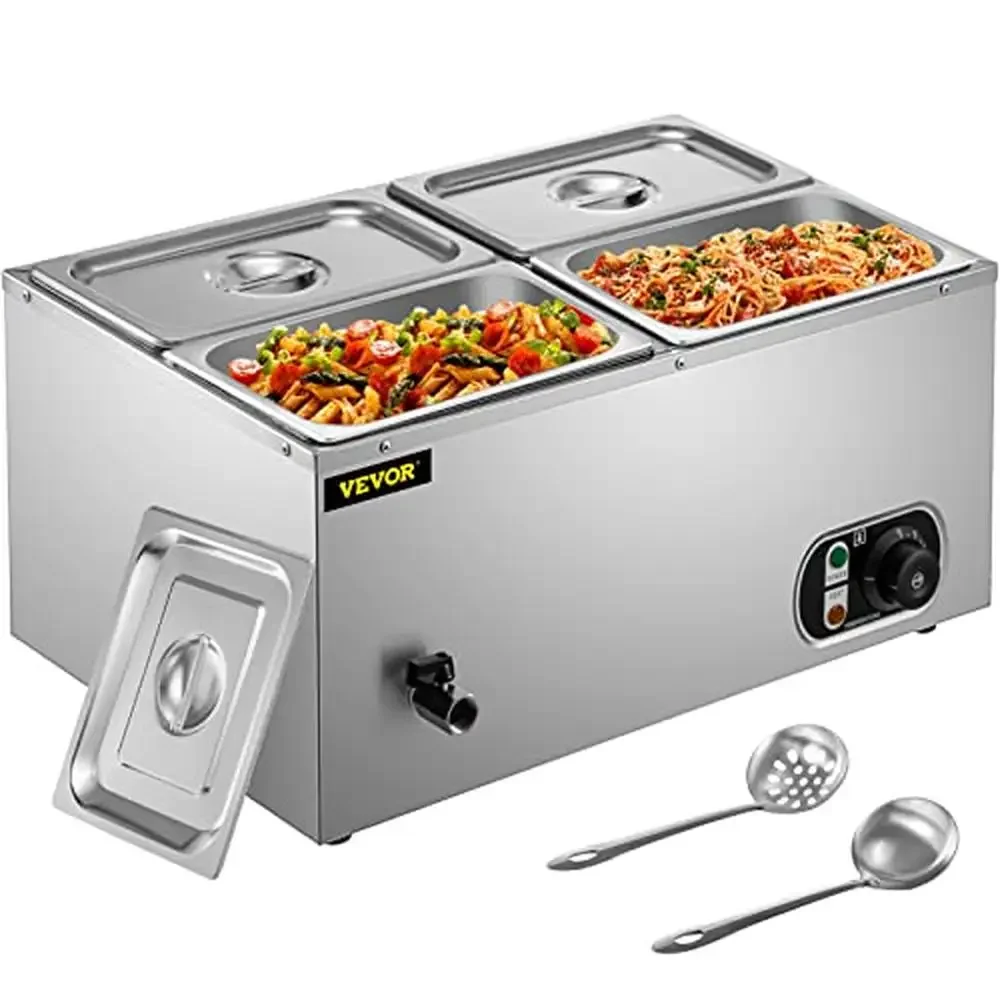 Commercial อุ่นอาหารบุฟเฟ่ต์ Bain Marie 4-Pan สแตนเลส 14.8qt 1500W 110V ไอน้ําตารางซุปอุณหภูมิควบคุมระบายน้ํา