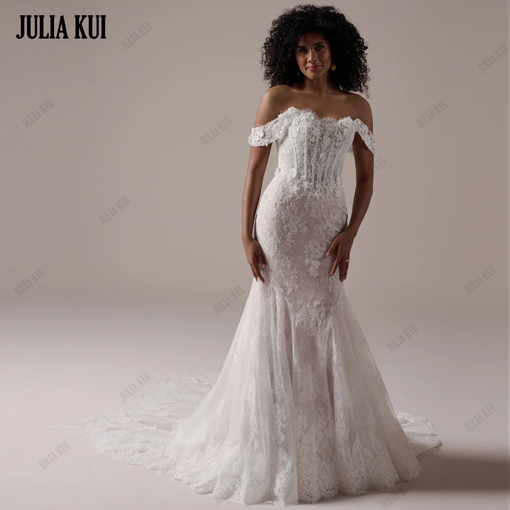 

Julia Kui Custom Made Elegant Lace Mermaid Wedding Dress Off Shoulder Sleeves With 3D Appliques Lace Trumpet Bridal Gowns