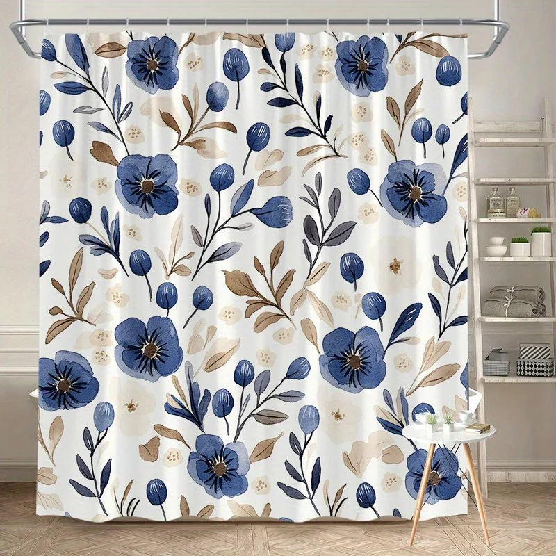 

1pc Navy blue floral patterned shower curtain, polyester fabric, machine washable, with hooks, suitable for bathroom décor.