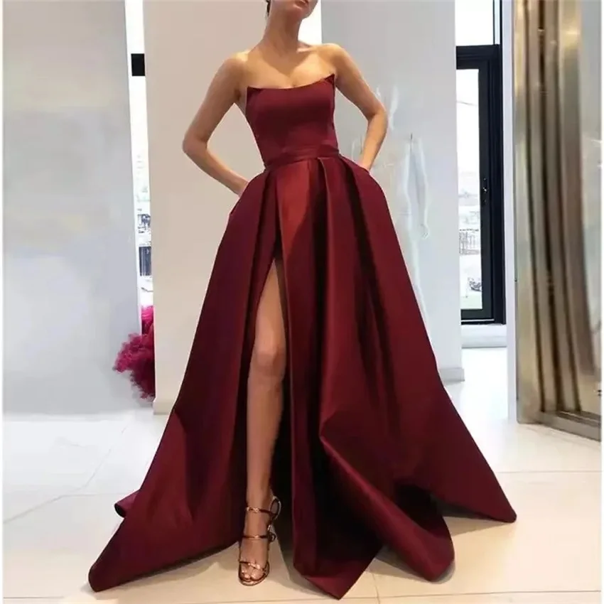 Customized Long Evening Party Gowns Wine Red Women Side Slit Strapless Satin Formal Dress Burgundy Prom Dresses with Pockets