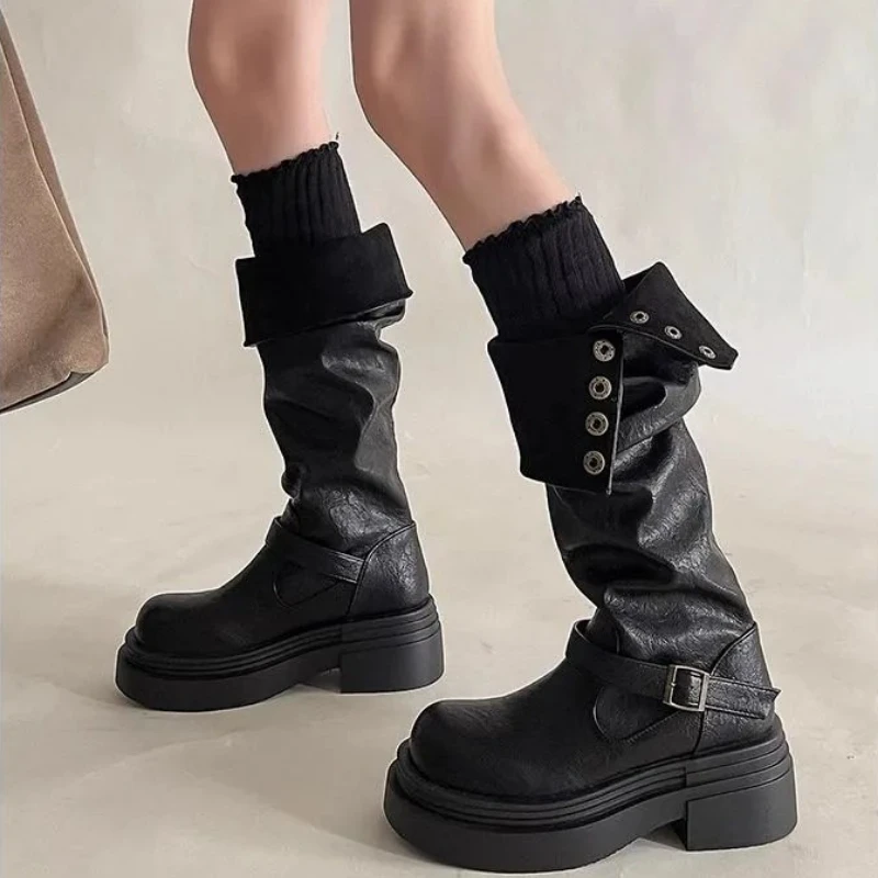 Women Ruched Knee High Boots, Vintage Metal Button Buckle Strap Platform Chunky Heel Knight Boots Retro Thick Sole Height Boost