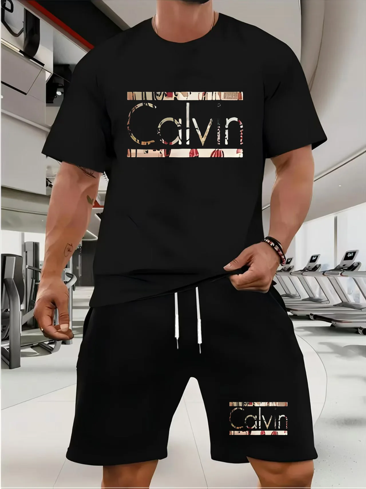 Trendy and fashionable street style calvin men's gradient letter print pattern suit T-shirt casual T-shirt shorts two-piece set