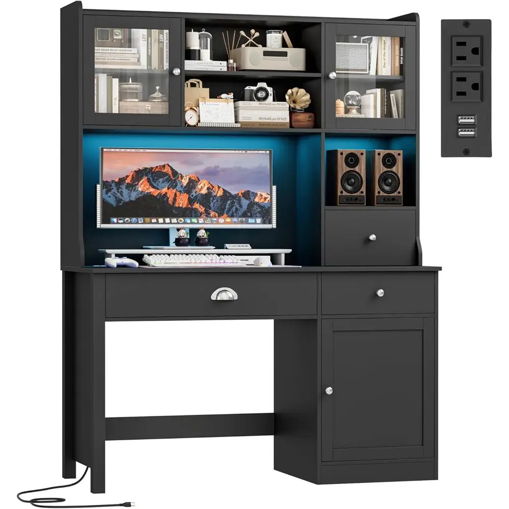 65 Dual Monitor Office Desk with Power Outlet, RGB-lit Hutch, 3 Drawer Makeup Vanity, Black