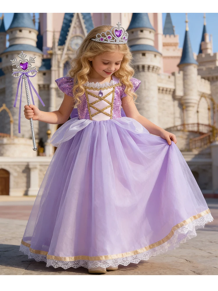 Baby Meisjes Deluxe Elegante Rapunzal Prinses Jurk Cosplay Kostuum Kids Halloween Verjaardagsfeestje Vestido Paars Gezwollen Jurken - afbeelding 2