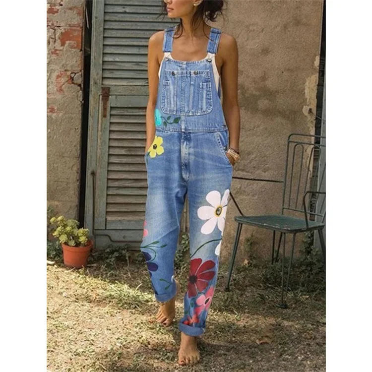 Women Floral Print Jeans Pants Fashion Autumn Straps Neck Light Washed Romper Pockets Overalls Loose Sleeveless Denim Jumpsuit