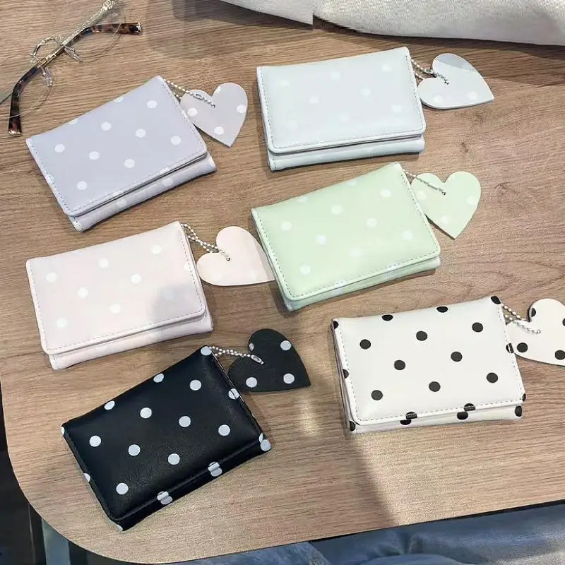 Polka Dot PU Leather Small Wallet With Cute Heart Pendant And Compact Design Perfect For Daily Casual Outings Shopping