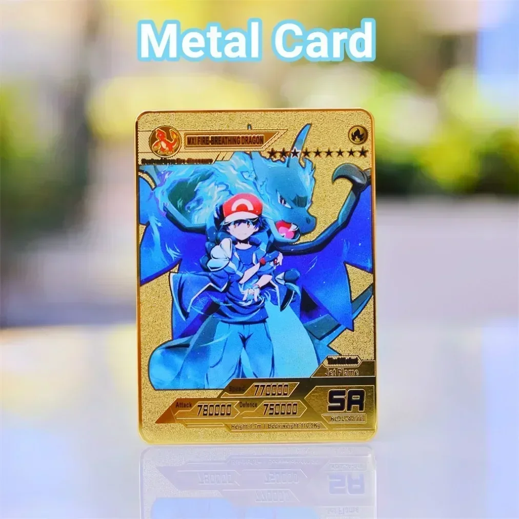 Pokemon Metal Card Metal Pokémon Letters Mimikyu Pikachu Vmax Charizard Genga Anime Games Gift Gold Iron Playing Cards Kids Toys