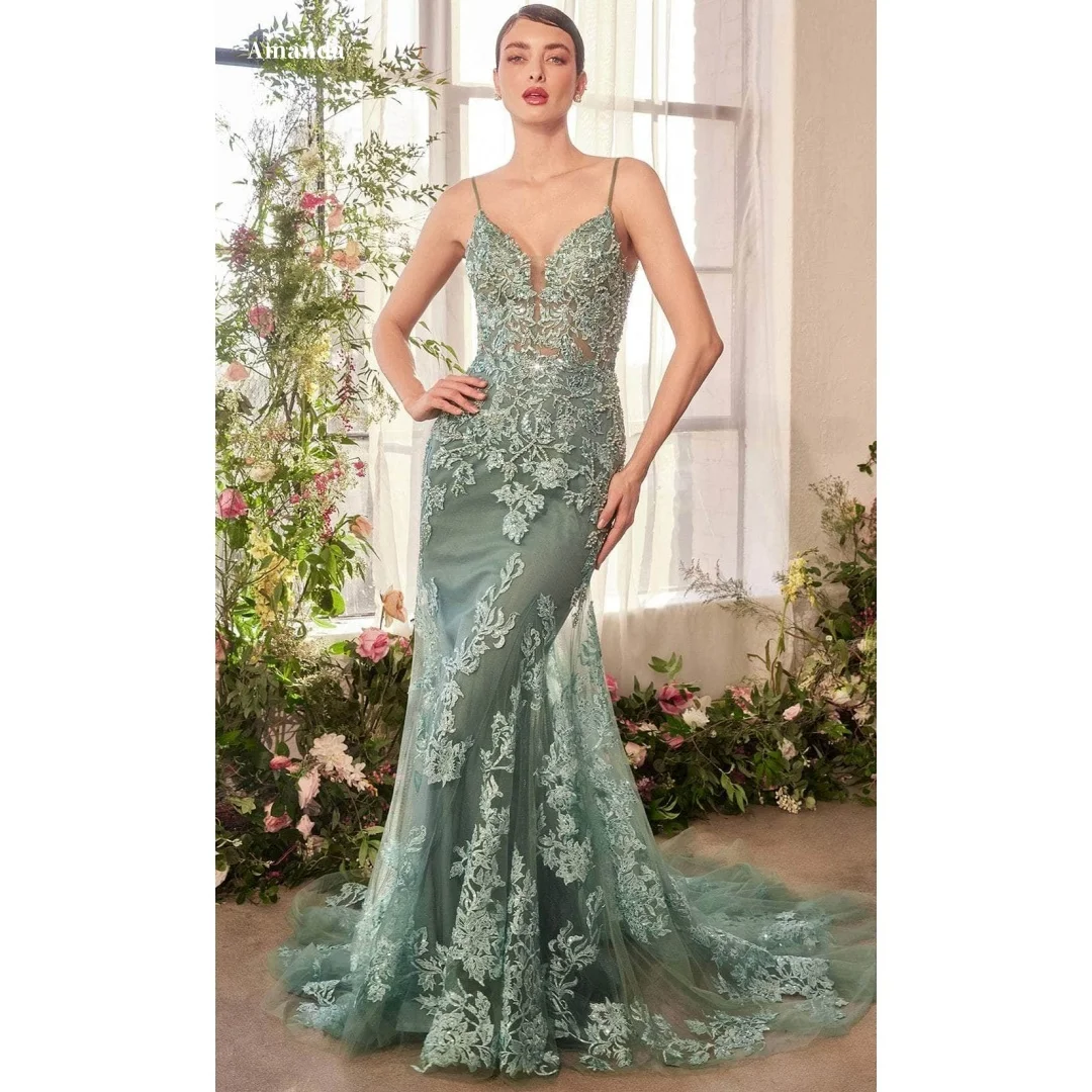 Amanda Customized Green Flowers Embroidery Spaghetti Strap Prom Dress Mermaid vestidos de noche Floor-Length Formal Evening 2025