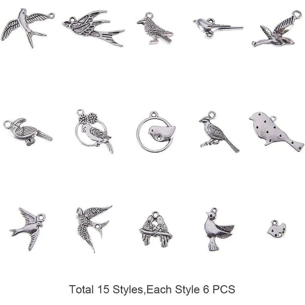 15 Style Bird Charms 90pcs Swallow Charms Tibetan Antique Silver Animal Pendants Beads for DIY Spring Earring Necklace Bracelet