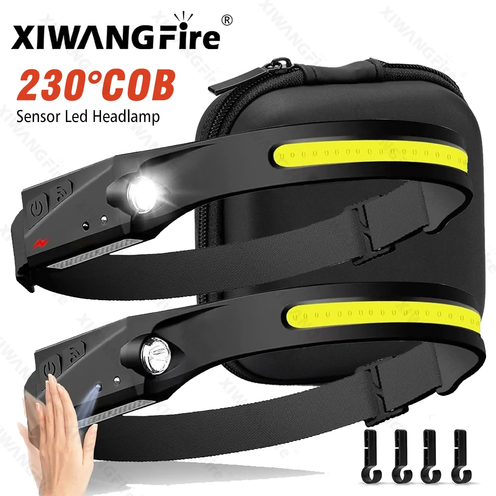 230° Induction LED COB Headlamp USB Rechargeable Lamp with Builtin Battery 5 Lighting Modes Light for Outdoor Fishing Camping