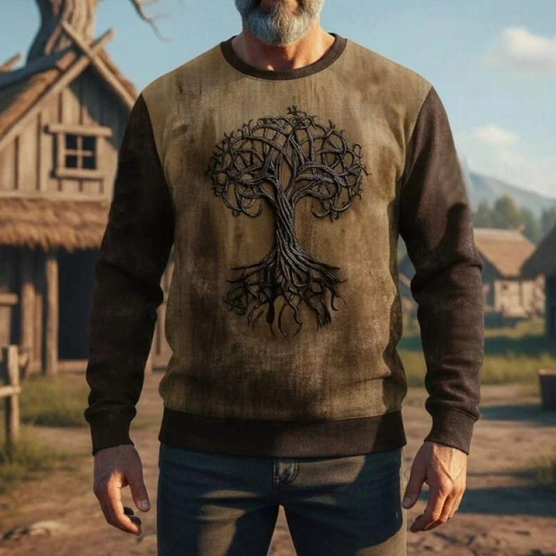 

Мужской повседневный пуловер с круглым вырезом в стиле ретро с длинными рукавами и кельтским узлом «Древо жизни» в стиле ретро, S-5XL
