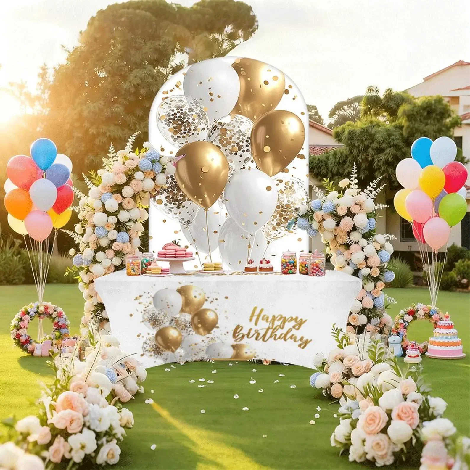 Gold & White Arched Birthday Background Set Balloon Background Stretch Table Cover Elegant Party Decoration Birthday Background