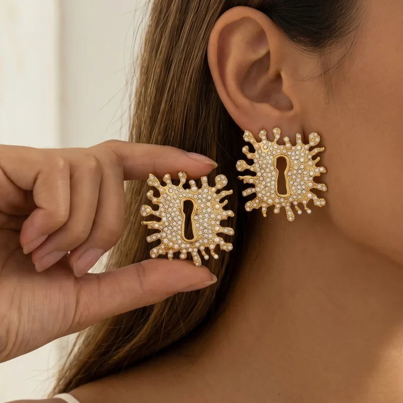 Cross-border style jewelry geometric light luxury inlaid with diamonds design irregular earrings versatile temperament earrings