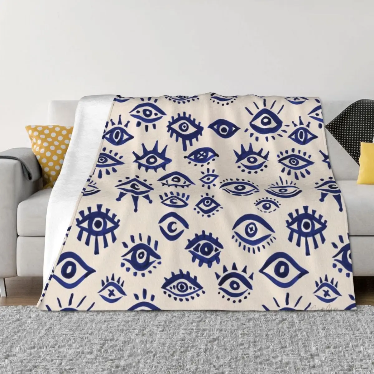

Mystic Eyes a Navy & Cream Throw Blanket halloween Sofa Quilt Sofa Throw Soft Blankets