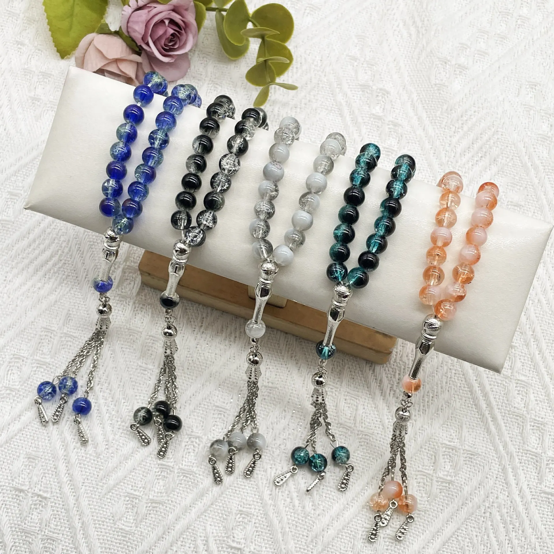 Nouveau 33 perles 8mm verre fissuré Tasbih, perles de prière musulmanes pour le culte quotidienne, cadeau de vacances du Ramadan pour les femmes