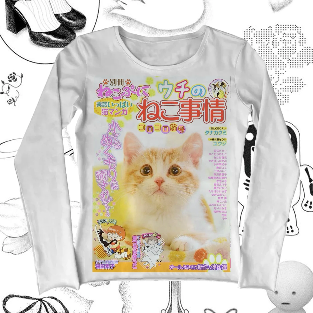 Emo Trashy Y2k 2000er Jahre Tops Frau T-Shirts Crop Top Frauen Grafik T-Shirts Y2k Kitty Grunge Kleidung Langarm Anime Mädchen Kawaii Kpop