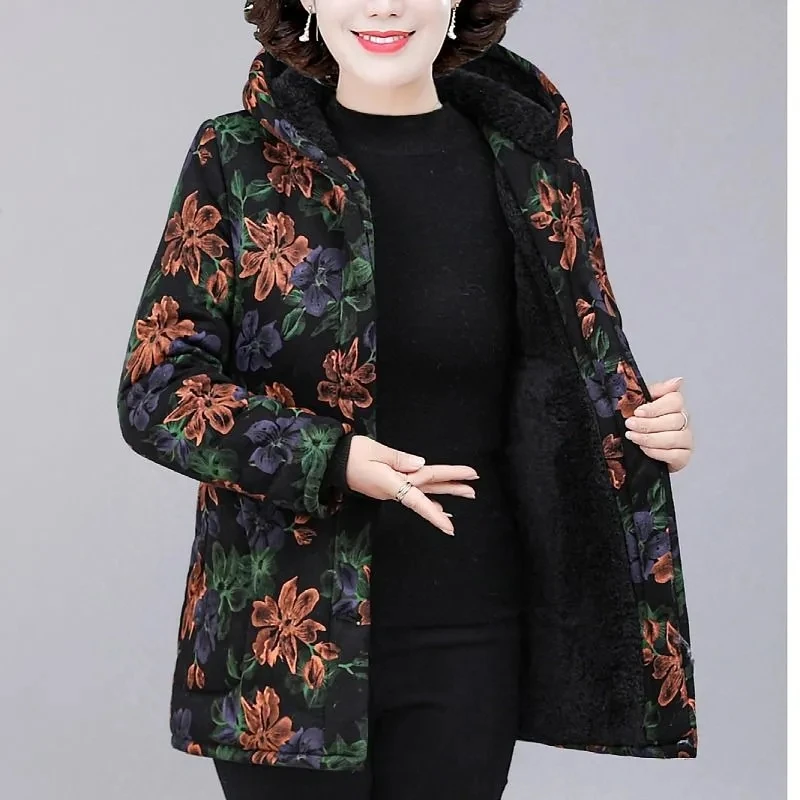 2023 New Middle-aged And Elderly Winter Velvet Padded Coat Joker Loose Single-Breasted Simple Warm Hooded Pocket Outerwear