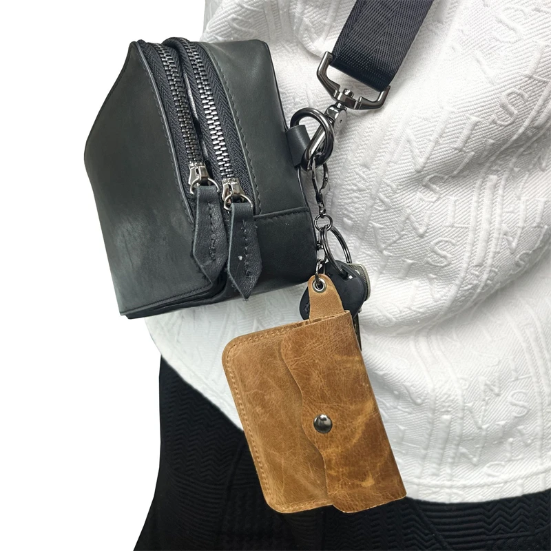 Vintage Cowhide Mini Coin Purse Handmade Keychain Small Wallet for Men Women Portable Credit Card Holder Cover Small Money Bag