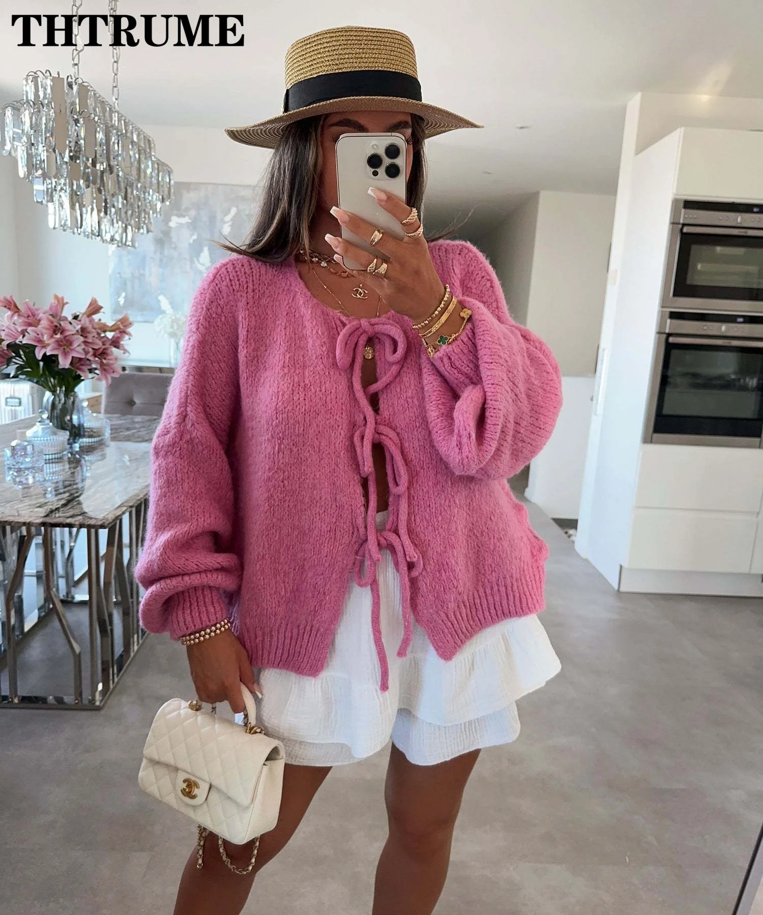 Women Fashion Lace Up Bow Sweaters Elegant Solid Color Long Sleeve Autumn O-Neck Knitwear Jumpers Tops Casual 2024 New Cardigans