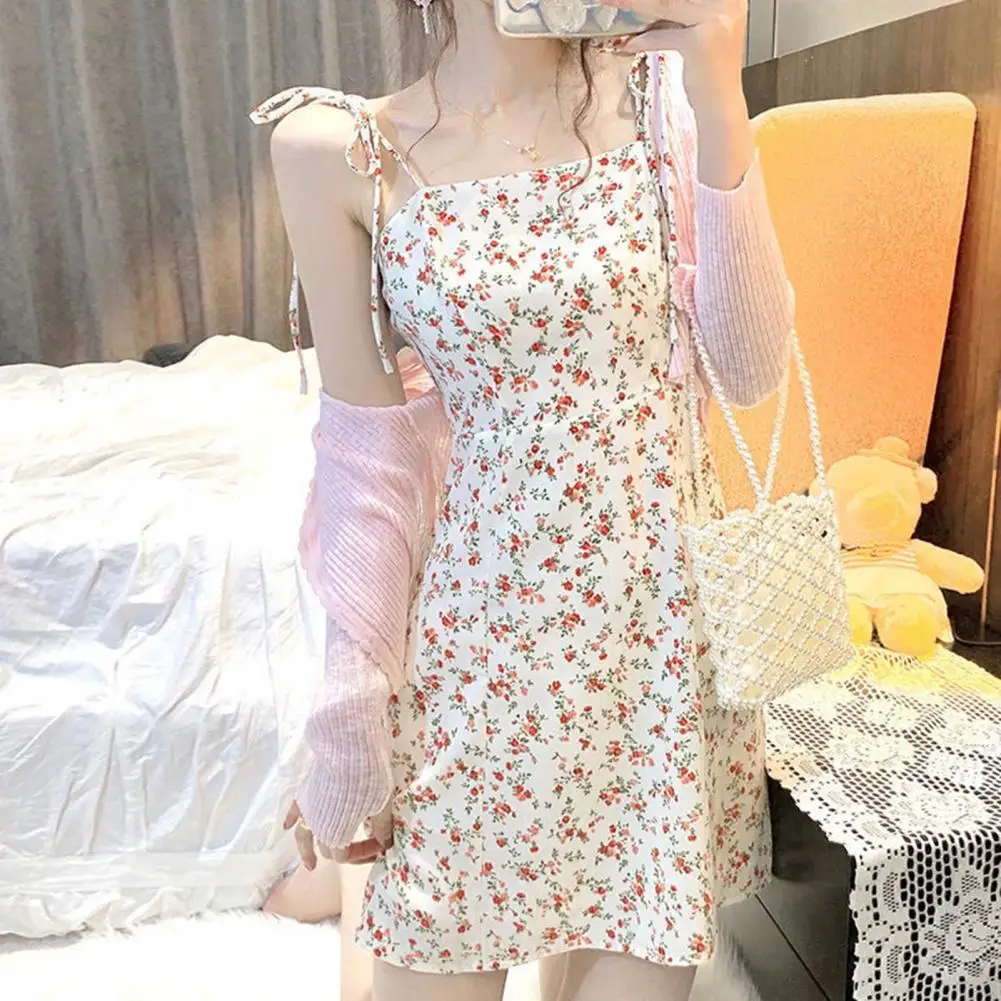 Female 1 Set Stylish Vintage Round Neck Dress Coat Two-Piece Ladies Dress Set Floral Print for Party Lace-up Tight Waist