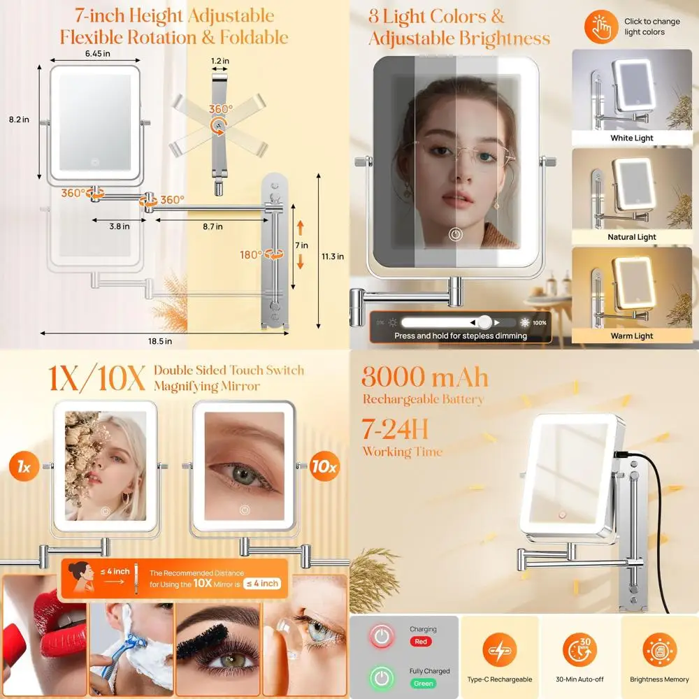 LED Lighted Wall Mount Makeup Mirror with Hooks, 3000mAh Battery, 1X/10X Magnification, 3 Color Modes, Adjustable Brightness for