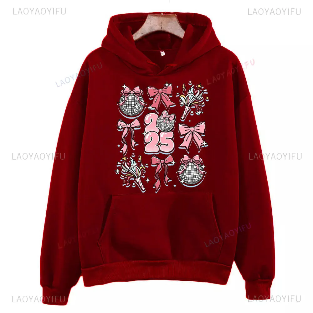 2025 Happy New Year Bow Disco Ball Toy Firework Woman Graphic Hoodie Autumn and Winter Drop Shoulder Warm Sweatshirt Long Sleeve