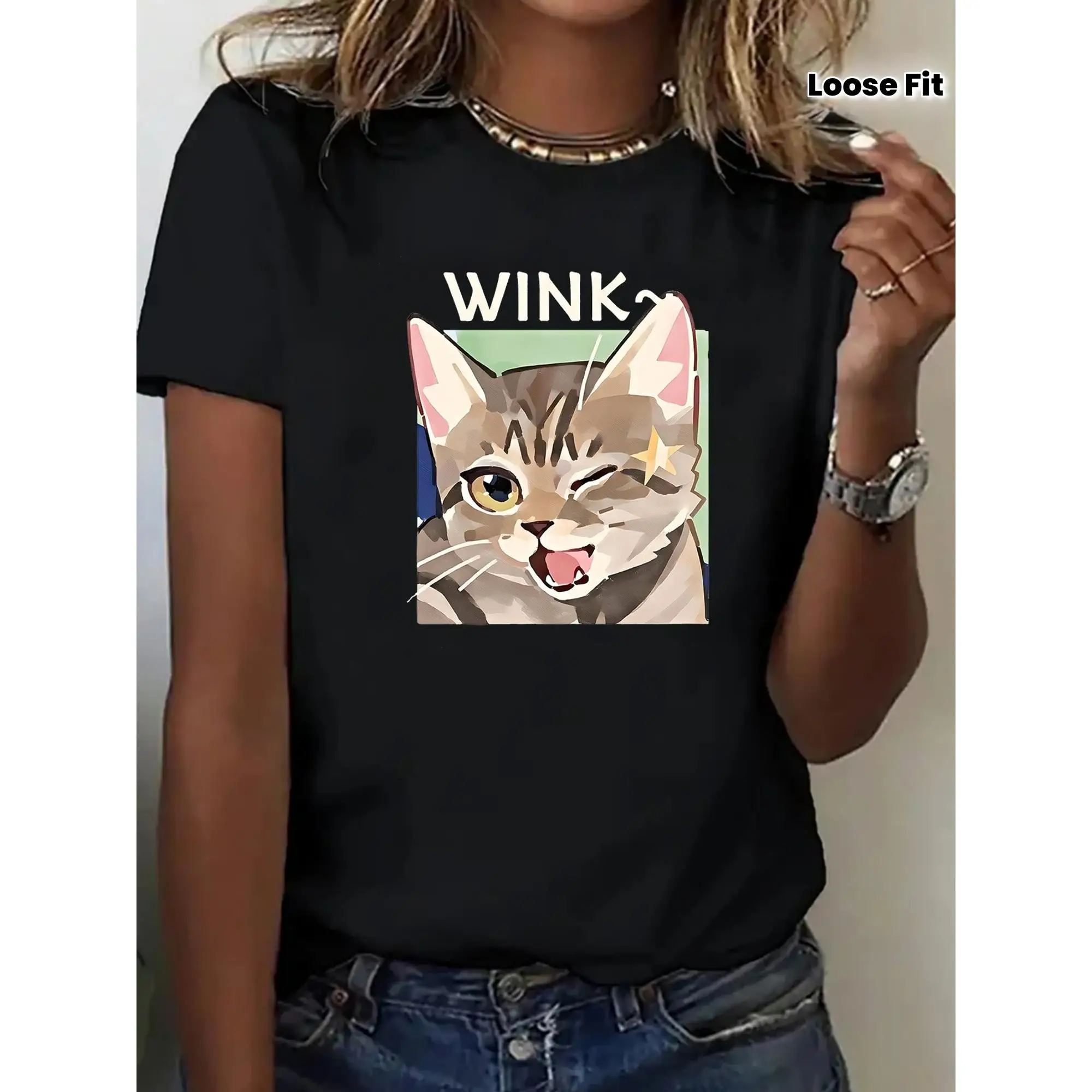 

Women'S Short Sleeve, Breathable Top With Cute Cat Design, Machine Washable, Casual Wear For All Seasons, Casual Wear Tee