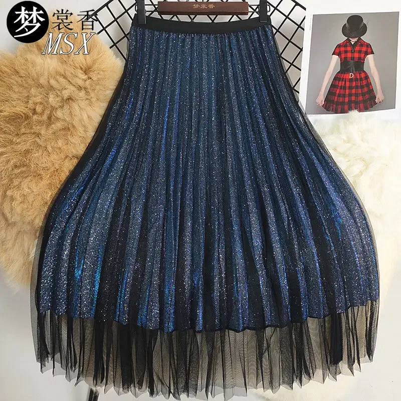 

Flow Bright Wire Mesh Skirt Skirt Long Pleated Skirt High Waist Skirt Woman Skirts Mujer Faldas Saias Mulher