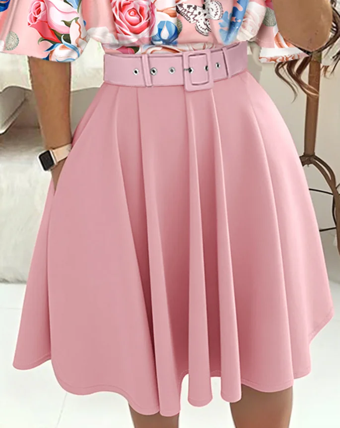 

Women's A-Line Print Pocket Pleated Dress Flower Print Bat Sleeve Top A-Line Pocket Dress with Belt Elegant Slim Fit Summer