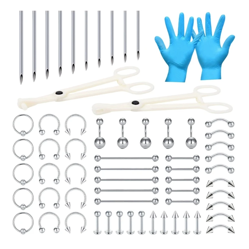 57QA 64 Pieces Professional Body Piercing Includes Nose Rings Tongue Studs Industrial Barbells And Tools Body Jewelry