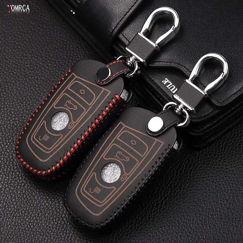 Top layer leather car key case cover wallet For BMW 1/5/6/7 series M3 M5 X1 X3 X5 X6 E36 E39 E46 E30 E60 E92 3 buttons remote