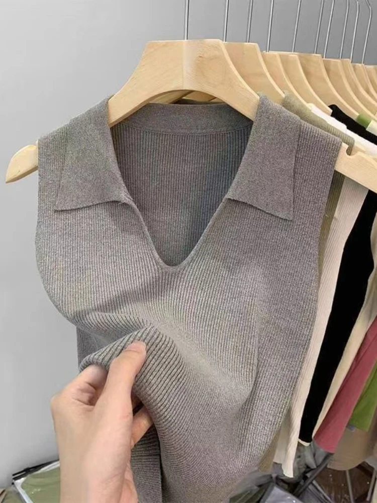 

Sweater Vests Women Chic Summer Retro Simple Solid All-match Slim Stretchy Sweaters Lazy Style Ulzzang Sleeveless Casual Inside