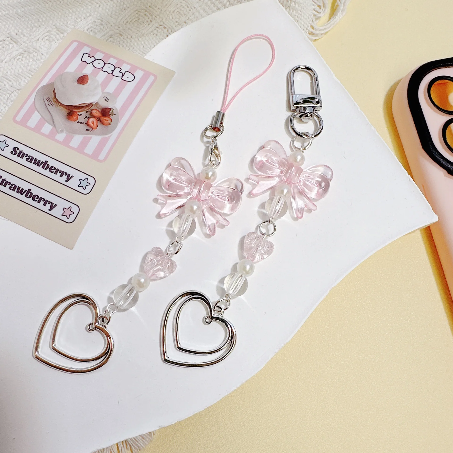 جديد 1/2 قطعة الحلو الوردي Bowknot القلب سلاسل الهاتف متعددة نمط لفتاة أزهار لطيفة ستار شريط لتعليق الهاتف المحمول سلسلة مفاتيح قصيرة #2