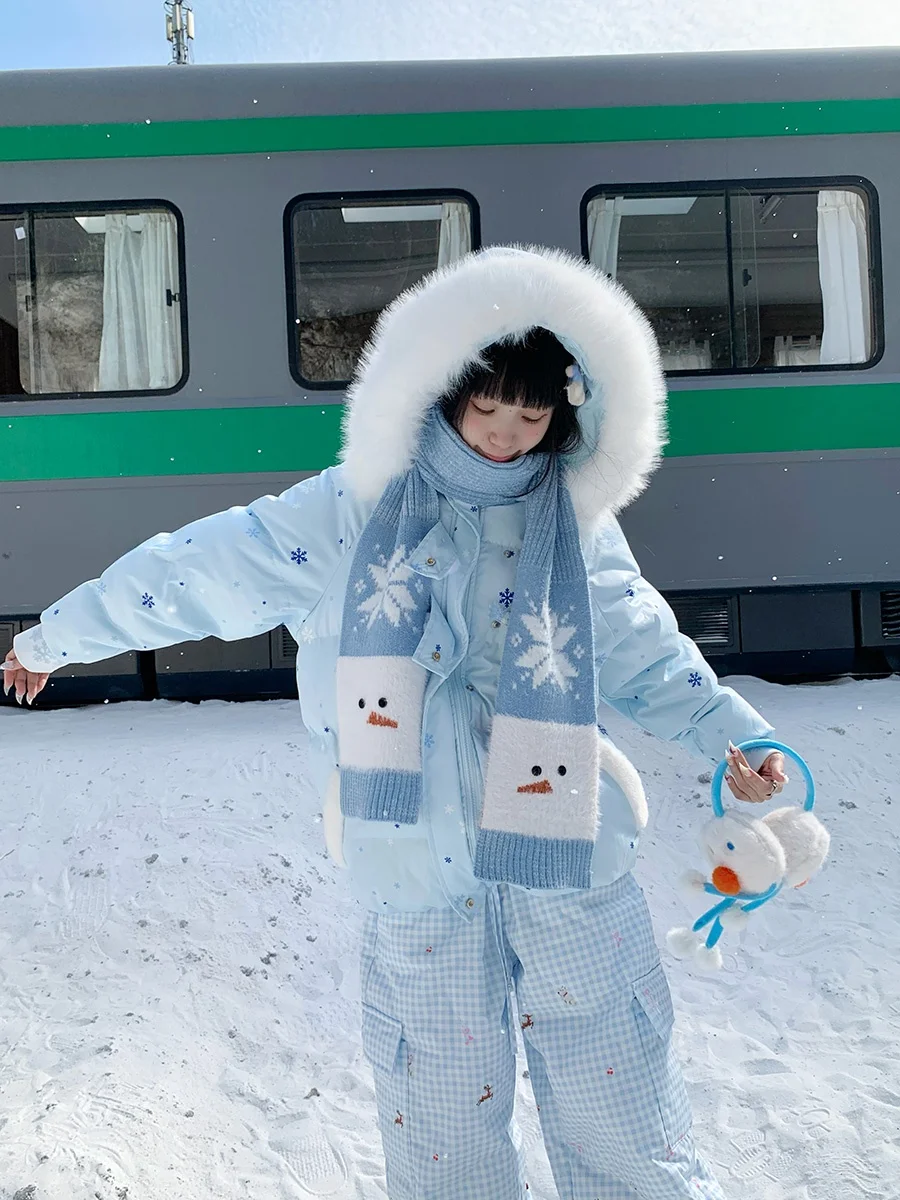 

Mdada Sweet Snowflake Hat Scarf Thiened Women's Cotton Jaet with Fur Collar And Long Sve Winter Warm Outerwear