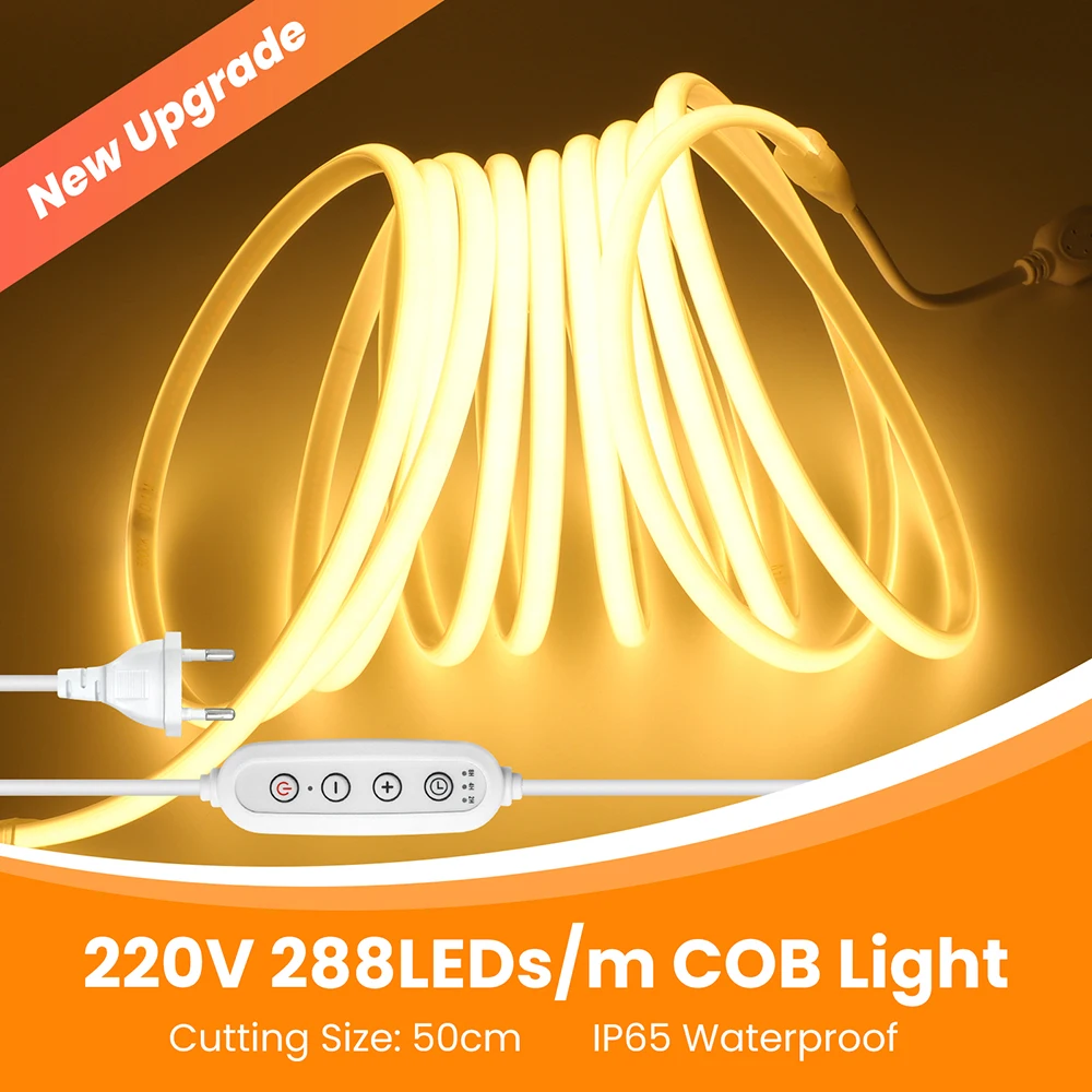 4key Dimmer LED COB Neon Strip Light Dimmable 220V Switch EU Power Plug Kit 288 LEDs Milky Tube Flexible Lamp Warm/Natural White