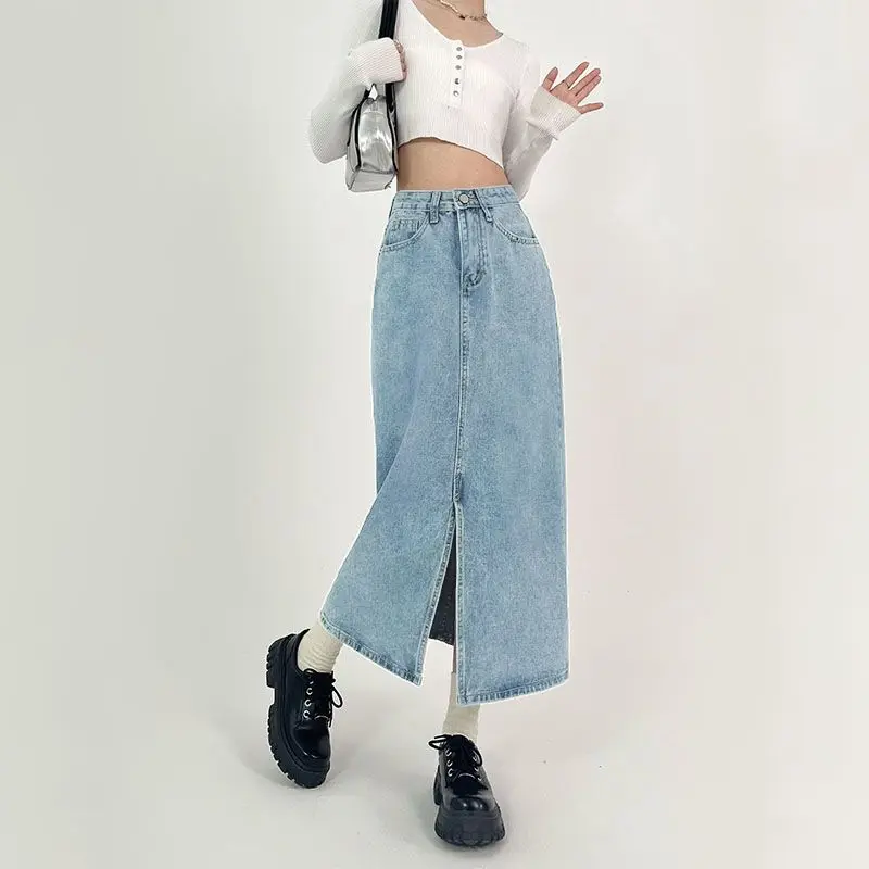 Slit A-line Denim Skirt for Women Spring Autumn High-waisted Jeans Skirt Light Blue Casual Vintage Y2k Fashion Clothing