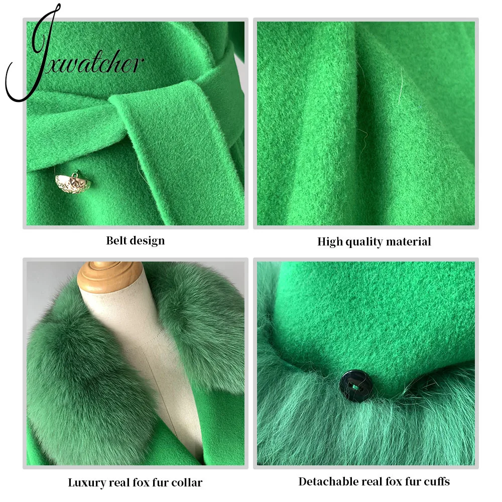 Women\'s Cashmere Wool Coat Spring Real Fox Fur Collar Woolen Trench Jacket Winter Adjustable Waist Slim Ladies Long Overcoat