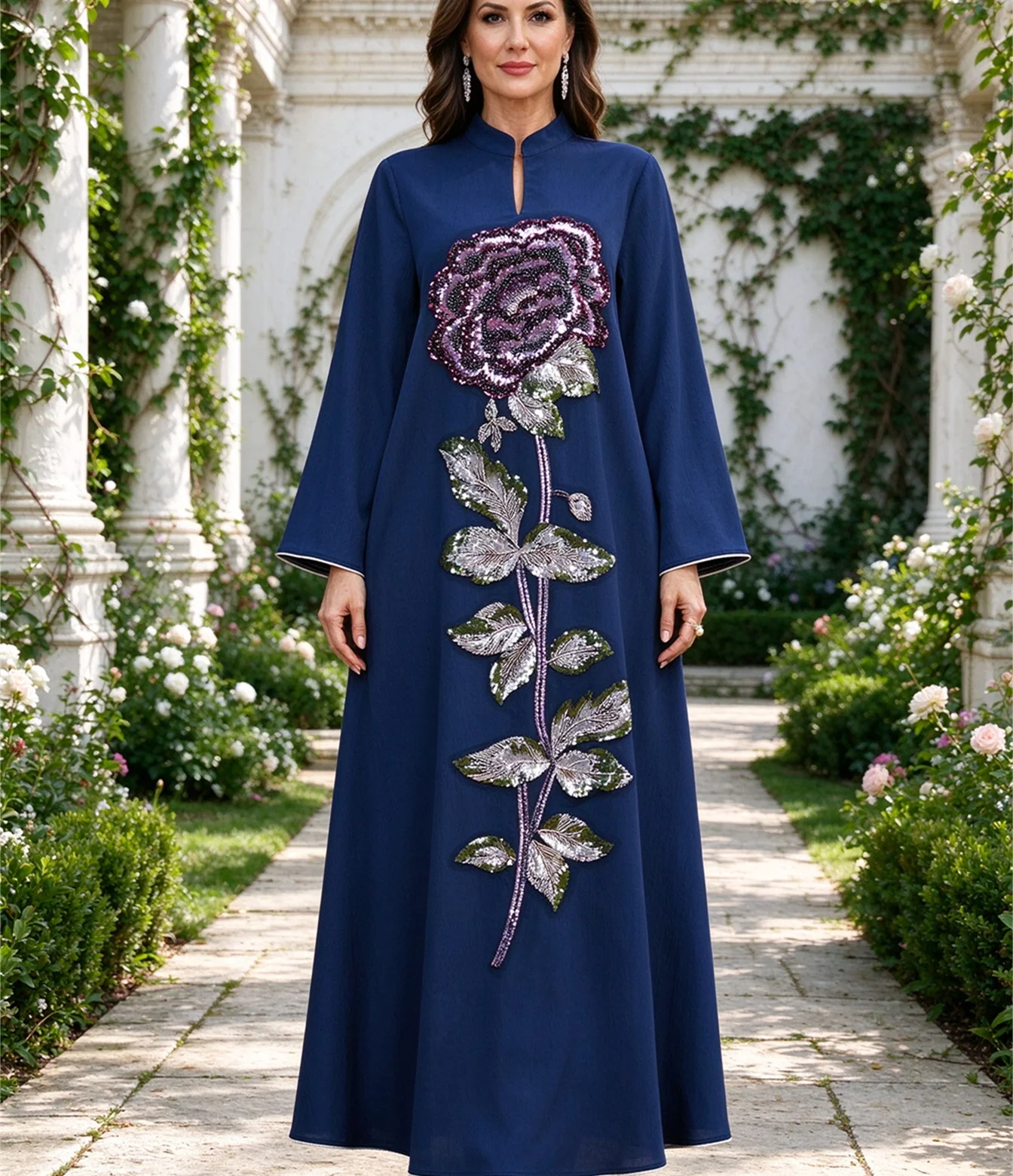 Ramadan Women Stand Collar Long Sleeve Abaya Sequin Rose Embroidery Maxi Dress Muslim Evening Kaftan Gown for Wedding Banquet