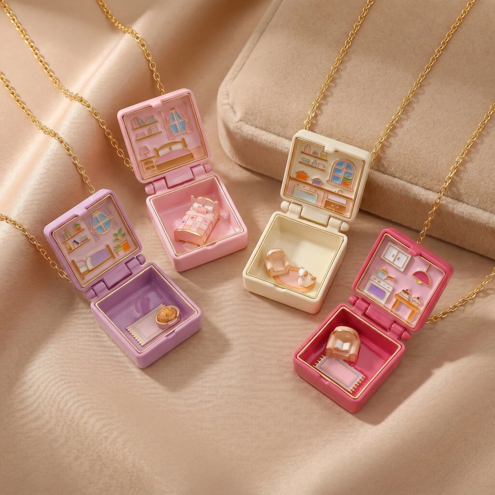 Opening and Closing Square Pendant Necklace New Bedroom Girl's Kitchen Miniature Cabin Scene Necklace Colorful Bow Necklace Gift