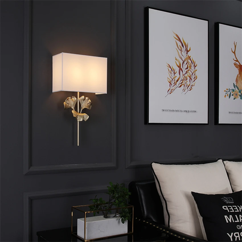 American luxury leaves copper wall lamps living room bedroom bedside lamp square fabric art deco