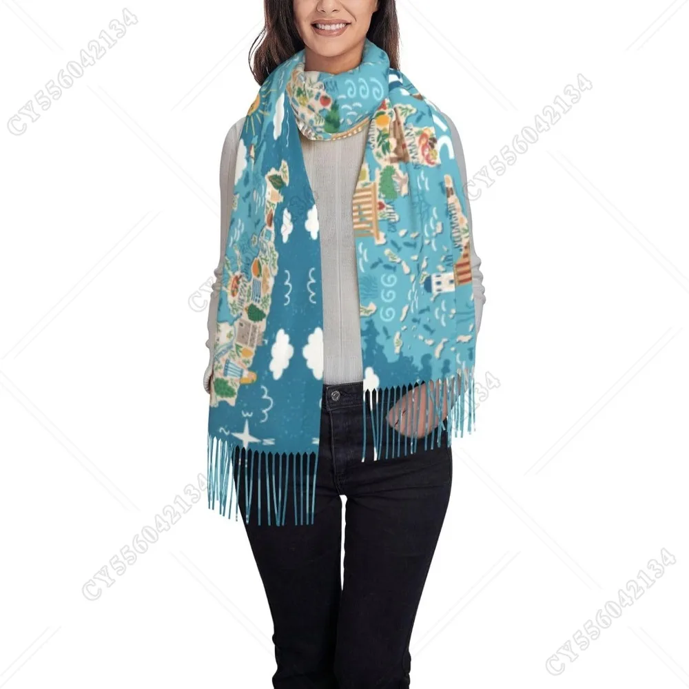 

Женский шарф с бахромой и принтом карты Греции, мягкий и легкий шарф из полиэстера с кисточками, осенне-зимняя мода