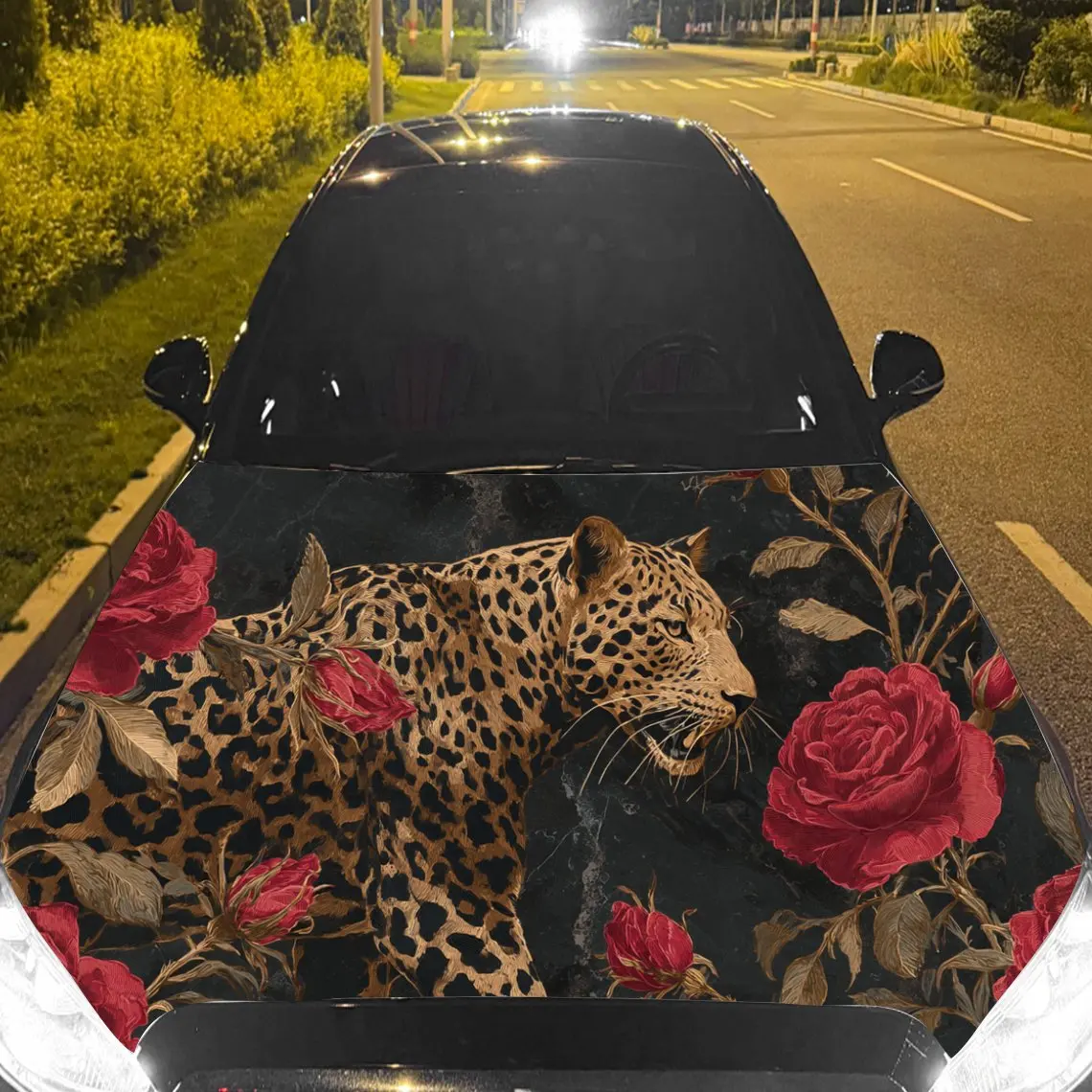Car Decal Leopard as Focal Point Among Red Roses & Artistic, Alluring Visual Details Car Hood Sticker, Waterproof Self - Adhesiv