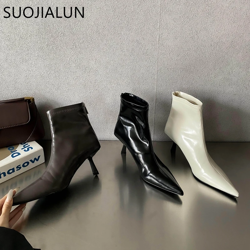 

SUOJIALUN брендовые женские ботильоны, модные женские элегантные короткие ботинки с острым носком и молнией сзади, модельные туфли-лодочки на тонком высоком каблуке