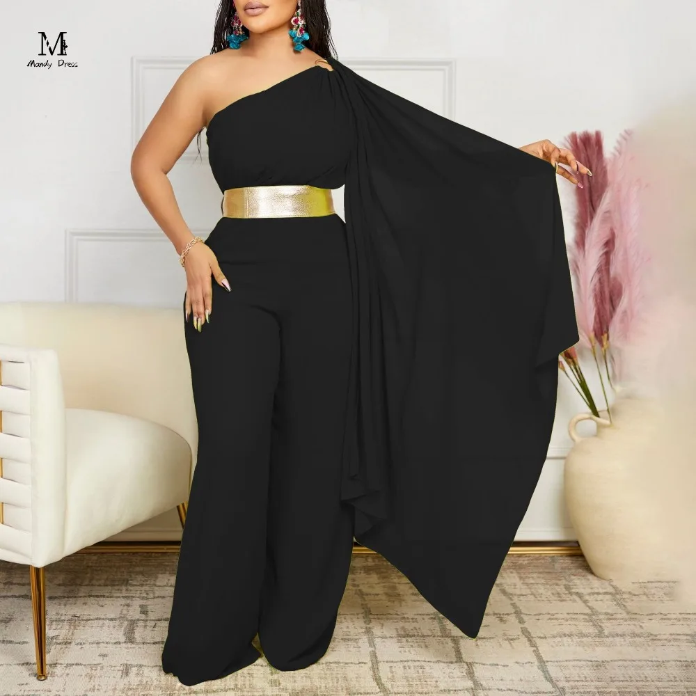 Elegant Women One Shoulder Jumpsuit with Belt Long Sleeve Spring Summer Plus Size One Piece Fashion Sexy Ladies Rompers 2024