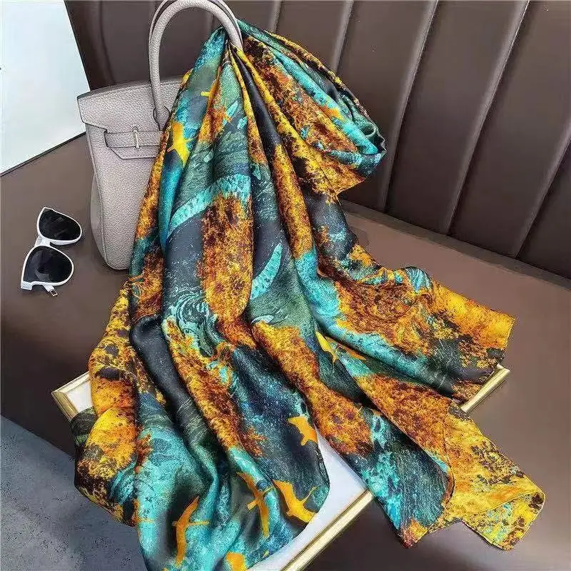 2024 Popular Sunscreen Beach Towel Female 180X90CM Satin Silk Scarf Summer Print Bandana New Kerchief Fashion High-Grade Shawl