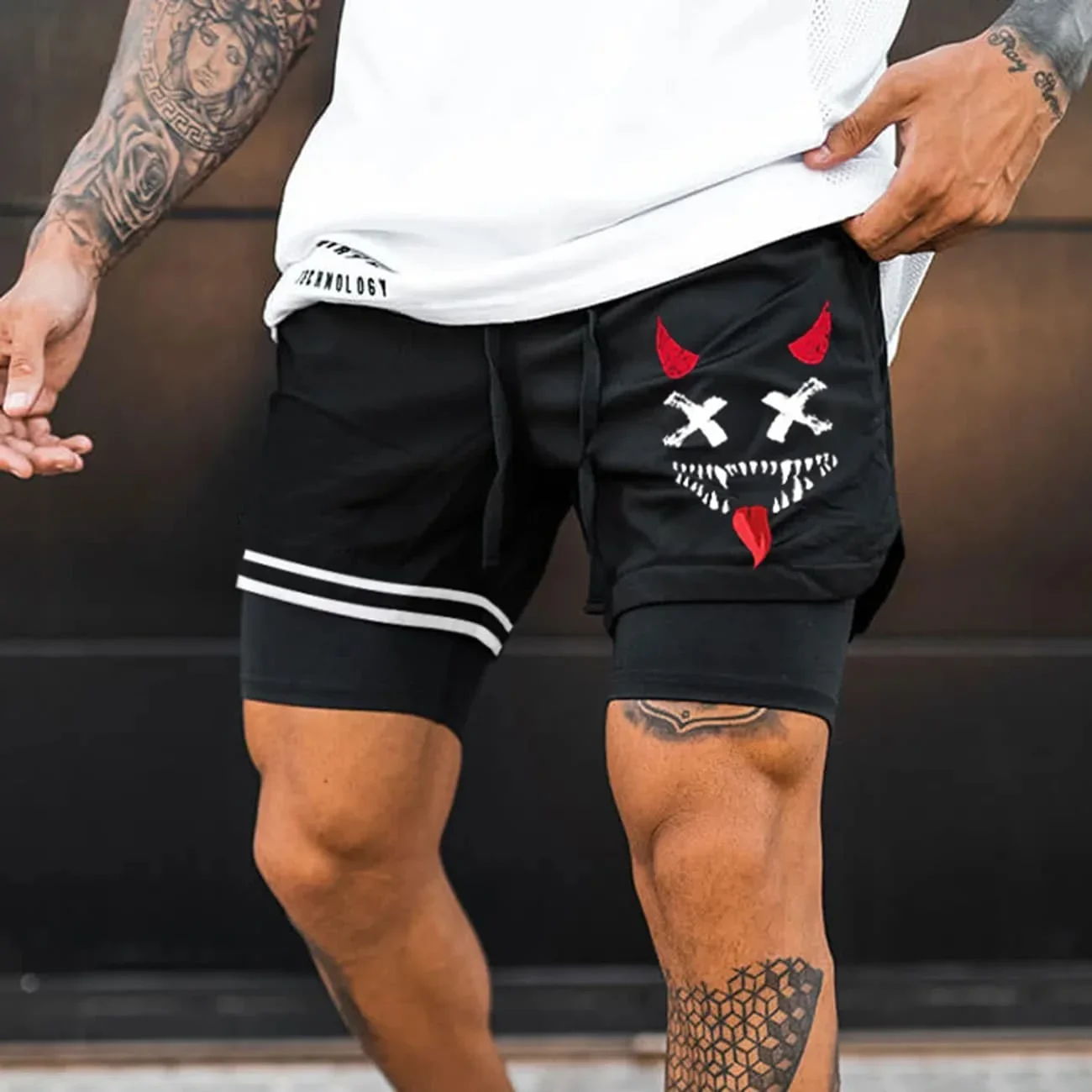 

New Summer Men's Quick-Drying Fake Two-piece Shorts Men's Smiley Shorts Performance Shorts Fitness Running Double Pants Moto