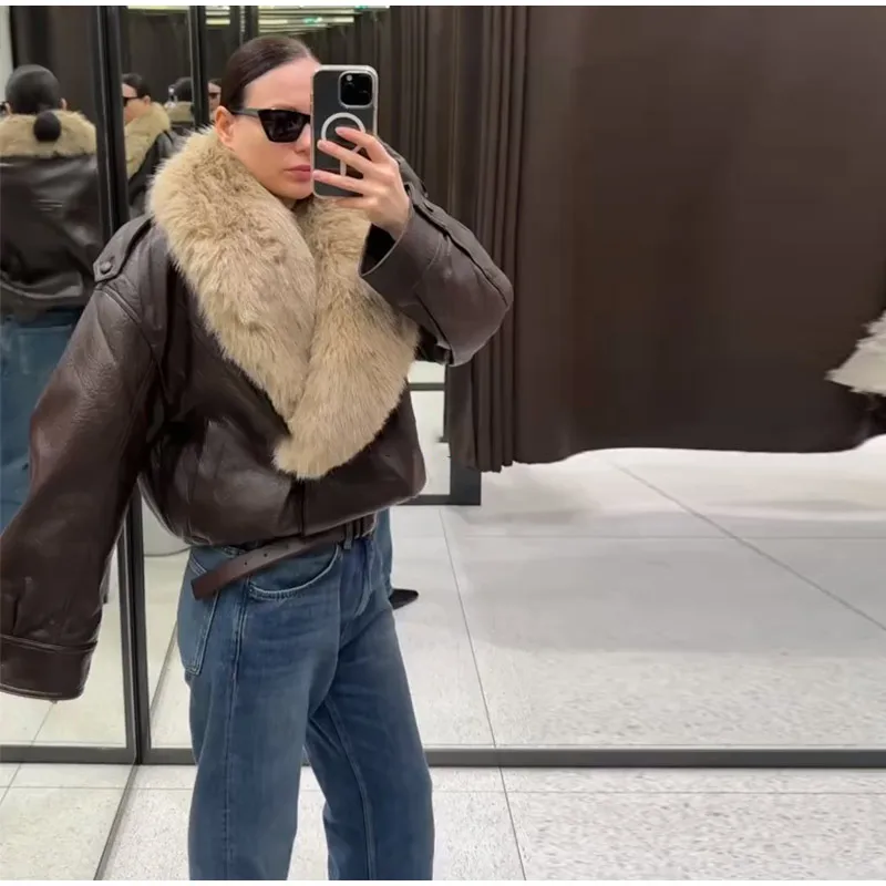 Elegant PU Fur Patchwork Jacket Women Loose Detachable Collar Lapel Double Breasted Jackets Female Fashion Winter Warm Outwear