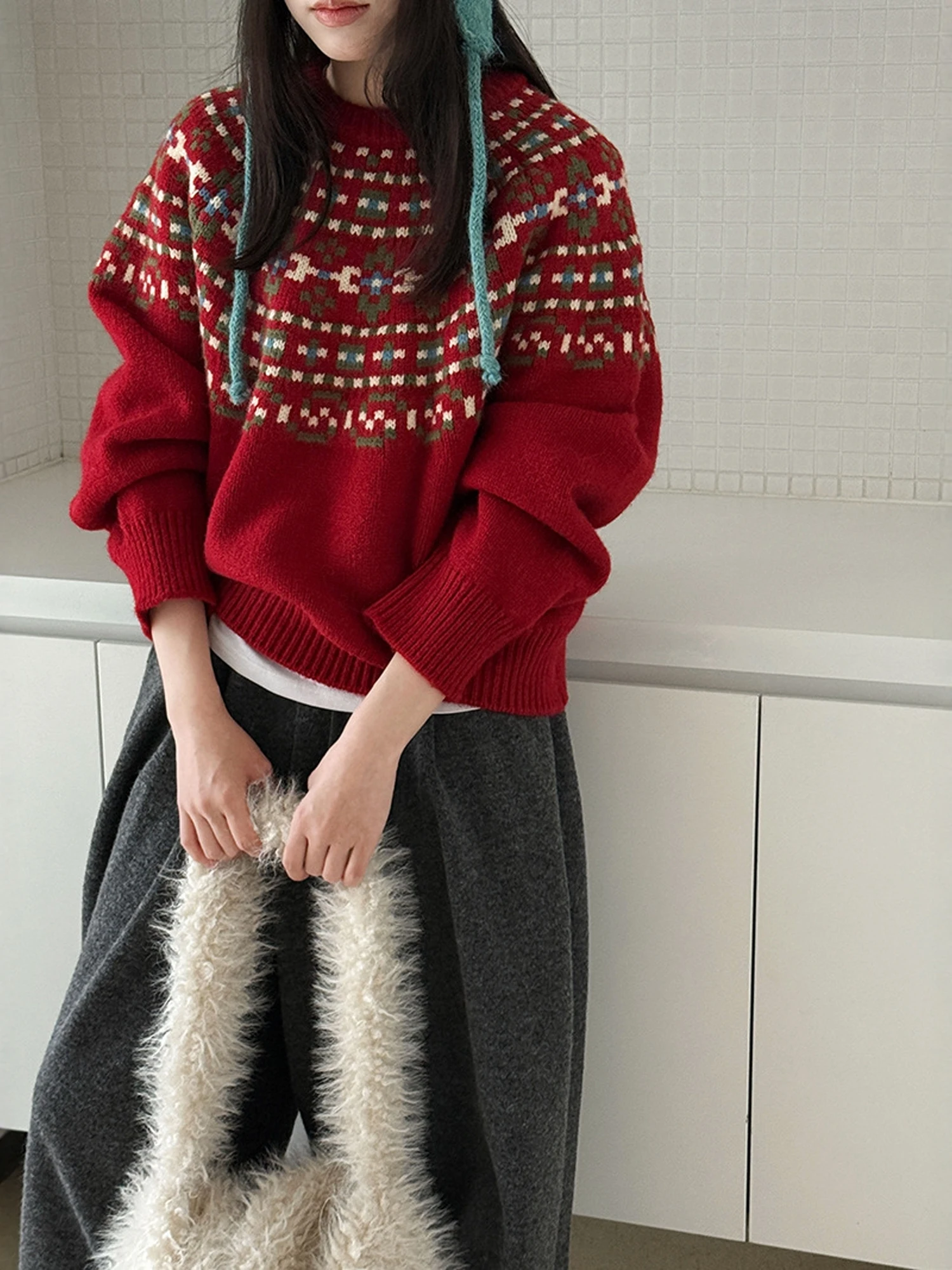 Laid-back Red Fair Isle Knitwear Women's Autumn Winter Casual Fashion New Year Long Sleeve Top Soft Knitted round Neck Sweater