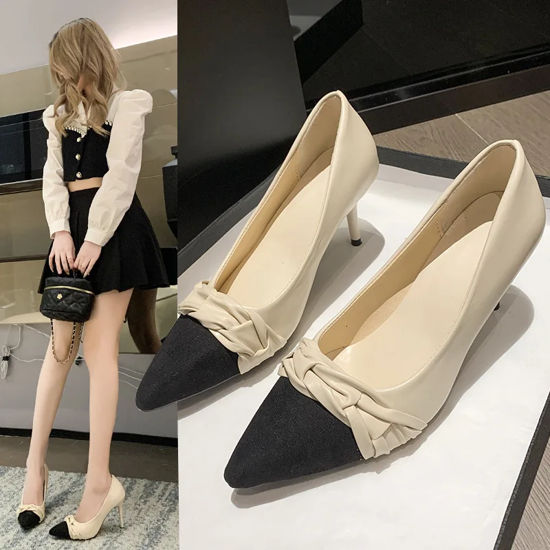 

Women's Thin Heels Spring and Autumn New Fashion Pointed Toe Color Block French Light Single Shoes Women 7cm